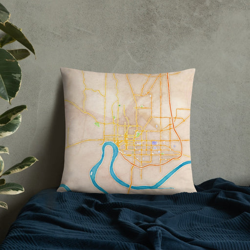 Custom Evansville Indiana Map Throw Pillow in Watercolor on Bedding Against Wall
