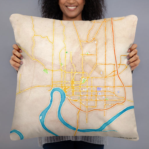 Person holding 22x22 Custom Evansville Indiana Map Throw Pillow in Watercolor