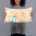 Person holding 20x12 Custom Evansville Indiana Map Throw Pillow in Watercolor