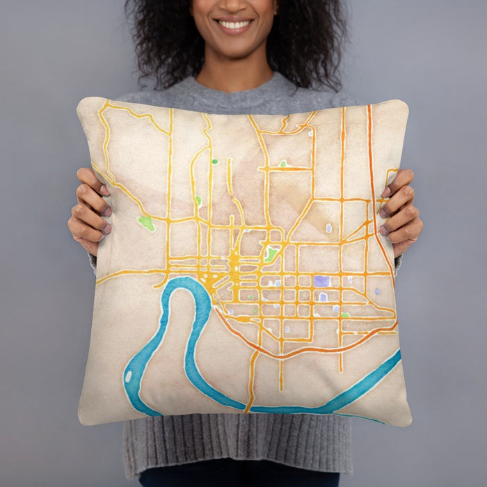 Person holding 18x18 Custom Evansville Indiana Map Throw Pillow in Watercolor