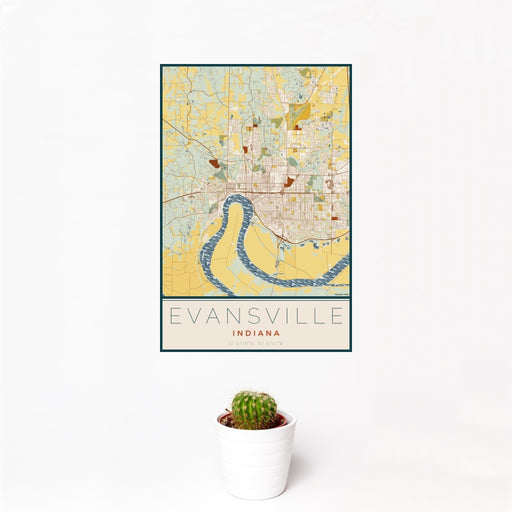 12x18 Evansville Indiana Map Print Portrait Orientation in Woodblock Style With Small Cactus Plant in White Planter