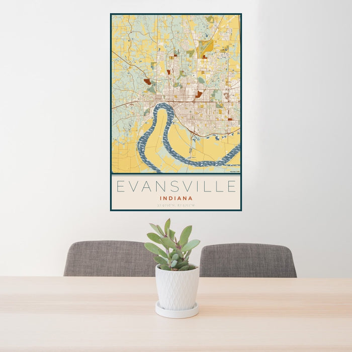 24x36 Evansville Indiana Map Print Portrait Orientation in Woodblock Style Behind 2 Chairs Table and Potted Plant