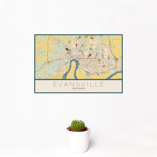 12x18 Evansville Indiana Map Print Landscape Orientation in Woodblock Style With Small Cactus Plant in White Planter