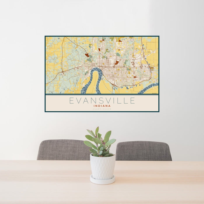 24x36 Evansville Indiana Map Print Landscape Orientation in Woodblock Style Behind 2 Chairs Table and Potted Plant