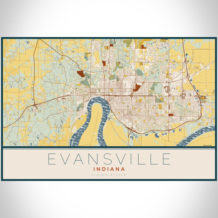Evansville Indiana Map Print Landscape Orientation in Woodblock Style With Shaded Background