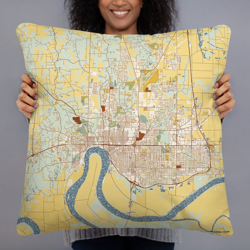 Person holding 22x22 Custom Evansville Indiana Map Throw Pillow in Woodblock