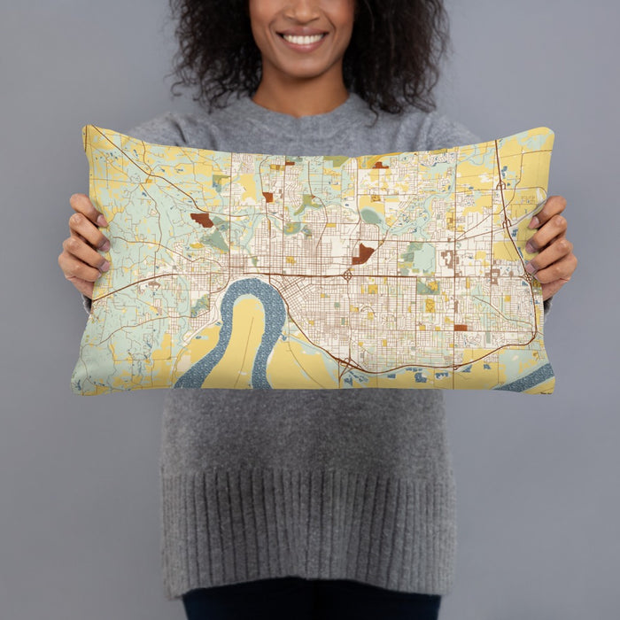 Person holding 20x12 Custom Evansville Indiana Map Throw Pillow in Woodblock