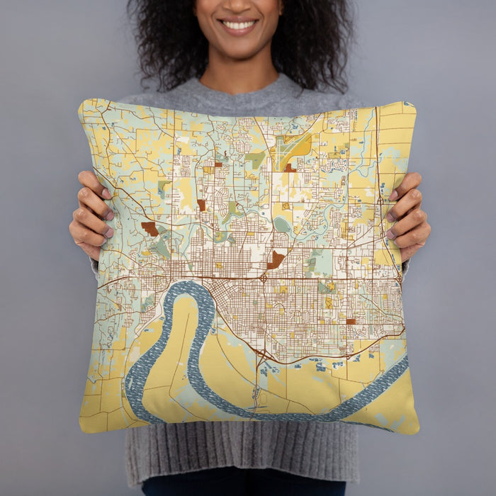 Person holding 18x18 Custom Evansville Indiana Map Throw Pillow in Woodblock