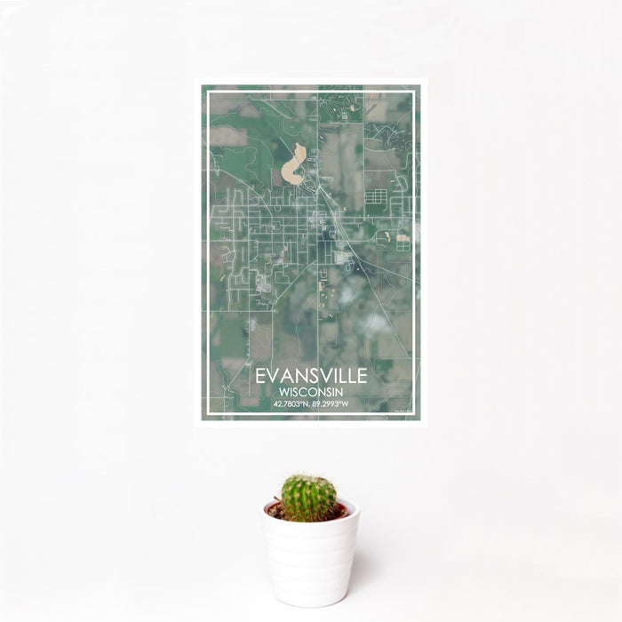 12x18 Evansville Wisconsin Map Print Portrait Orientation in Afternoon Style With Small Cactus Plant in White Planter