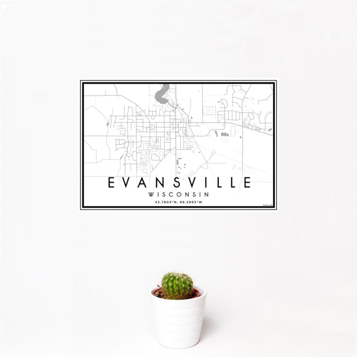 12x18 Evansville Wisconsin Map Print Landscape Orientation in Classic Style With Small Cactus Plant in White Planter