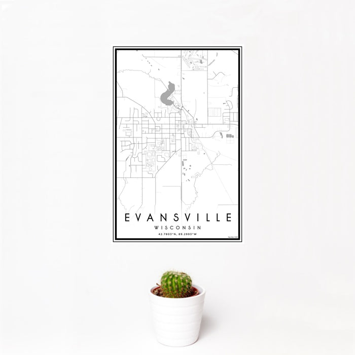 12x18 Evansville Wisconsin Map Print Portrait Orientation in Classic Style With Small Cactus Plant in White Planter