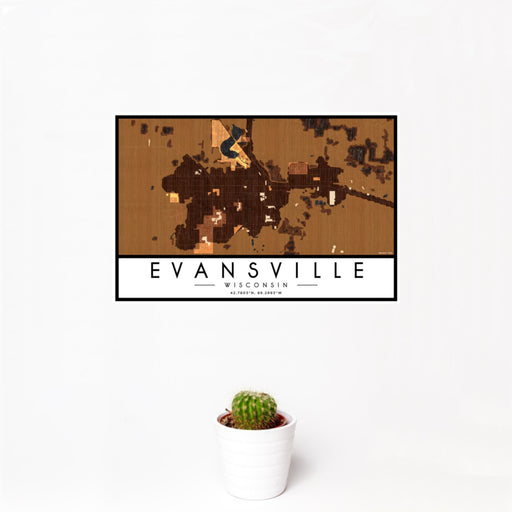 12x18 Evansville Wisconsin Map Print Landscape Orientation in Ember Style With Small Cactus Plant in White Planter