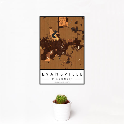 12x18 Evansville Wisconsin Map Print Portrait Orientation in Ember Style With Small Cactus Plant in White Planter
