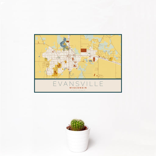 12x18 Evansville Wisconsin Map Print Landscape Orientation in Woodblock Style With Small Cactus Plant in White Planter