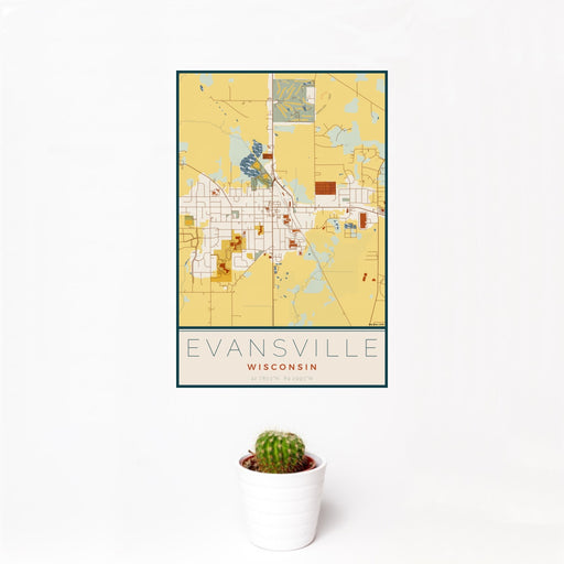 12x18 Evansville Wisconsin Map Print Portrait Orientation in Woodblock Style With Small Cactus Plant in White Planter