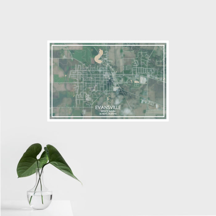 16x24 Evansville Wisconsin Map Print Landscape Orientation in Afternoon Style With Tropical Plant Leaves in Water