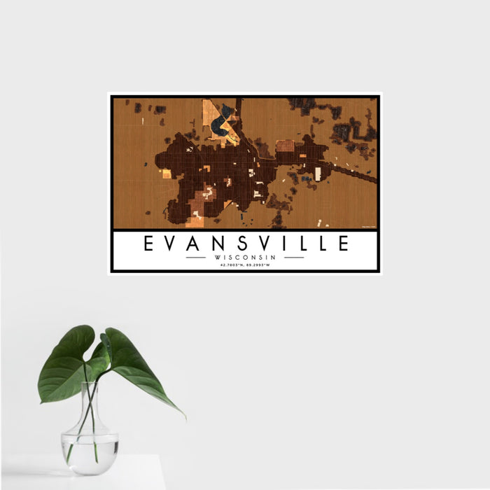 16x24 Evansville Wisconsin Map Print Landscape Orientation in Ember Style With Tropical Plant Leaves in Water