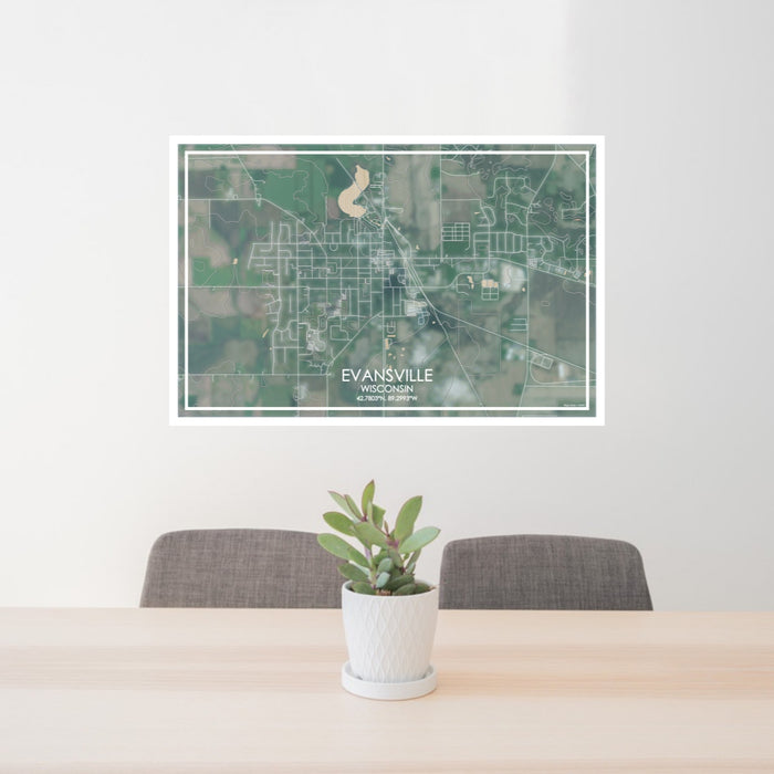24x36 Evansville Wisconsin Map Print Lanscape Orientation in Afternoon Style Behind 2 Chairs Table and Potted Plant