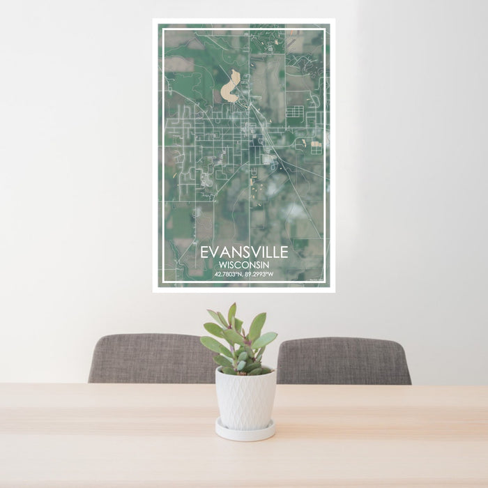 24x36 Evansville Wisconsin Map Print Portrait Orientation in Afternoon Style Behind 2 Chairs Table and Potted Plant