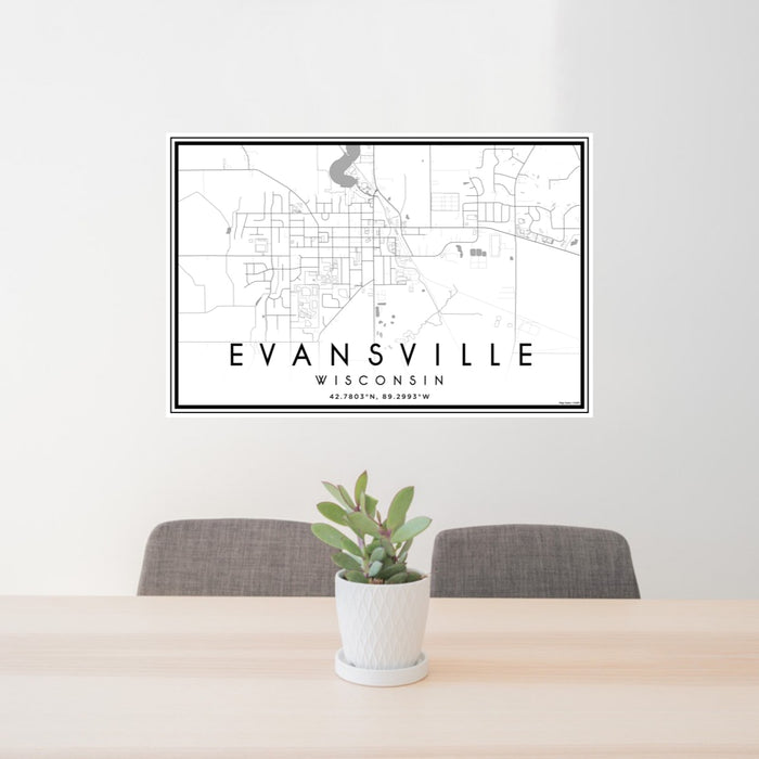 24x36 Evansville Wisconsin Map Print Lanscape Orientation in Classic Style Behind 2 Chairs Table and Potted Plant