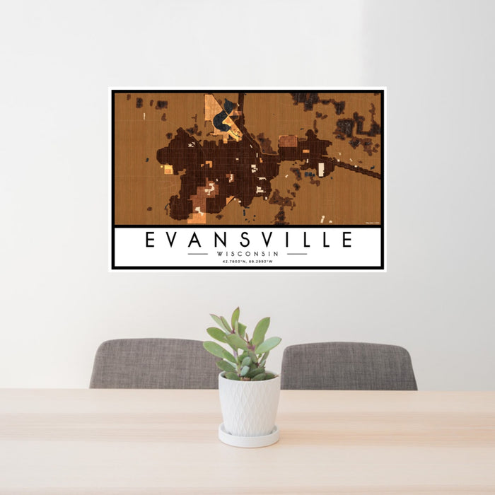 24x36 Evansville Wisconsin Map Print Lanscape Orientation in Ember Style Behind 2 Chairs Table and Potted Plant