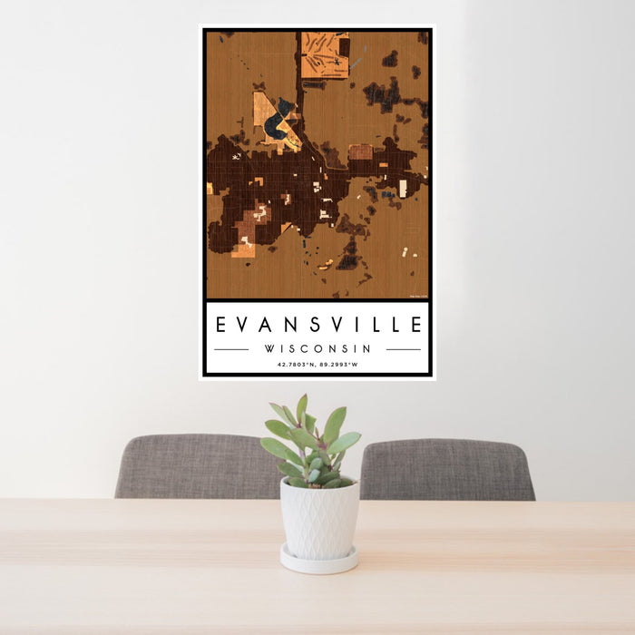 24x36 Evansville Wisconsin Map Print Portrait Orientation in Ember Style Behind 2 Chairs Table and Potted Plant