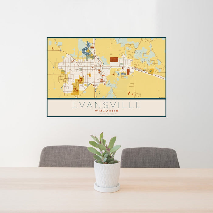 24x36 Evansville Wisconsin Map Print Lanscape Orientation in Woodblock Style Behind 2 Chairs Table and Potted Plant