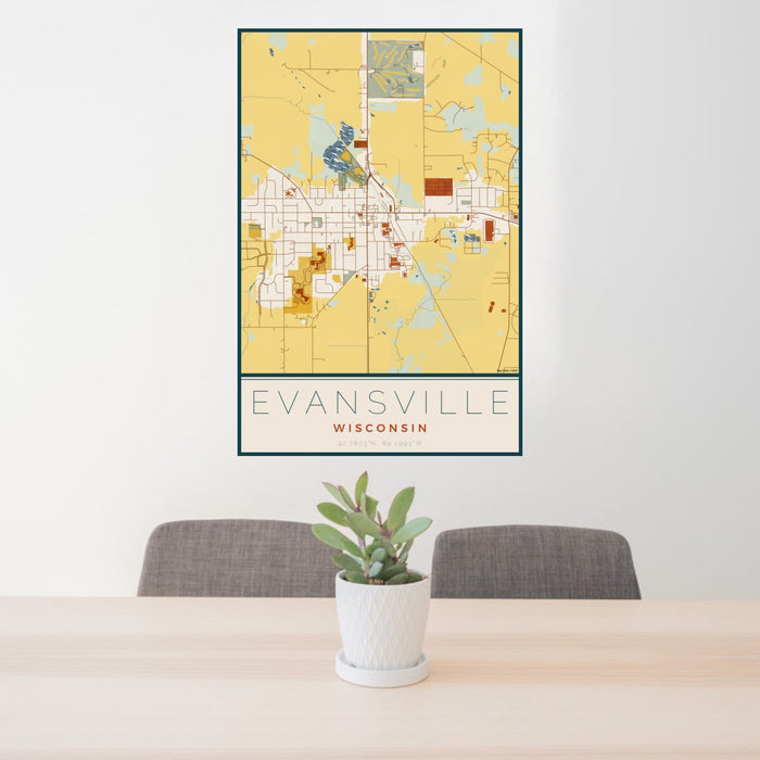 24x36 Evansville Wisconsin Map Print Portrait Orientation in Woodblock Style Behind 2 Chairs Table and Potted Plant