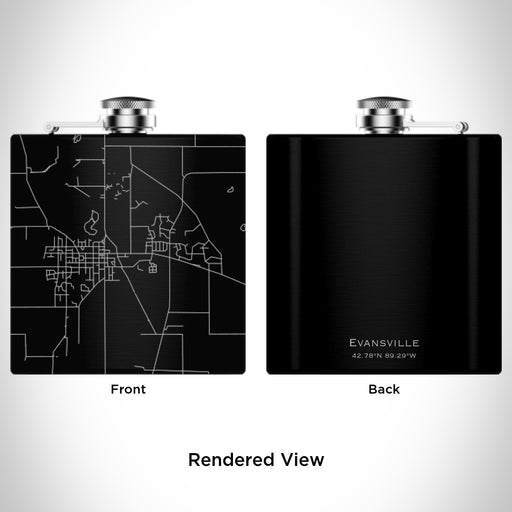 Rendered View of Evansville Wisconsin Map Engraving on 6oz Stainless Steel Flask in Black