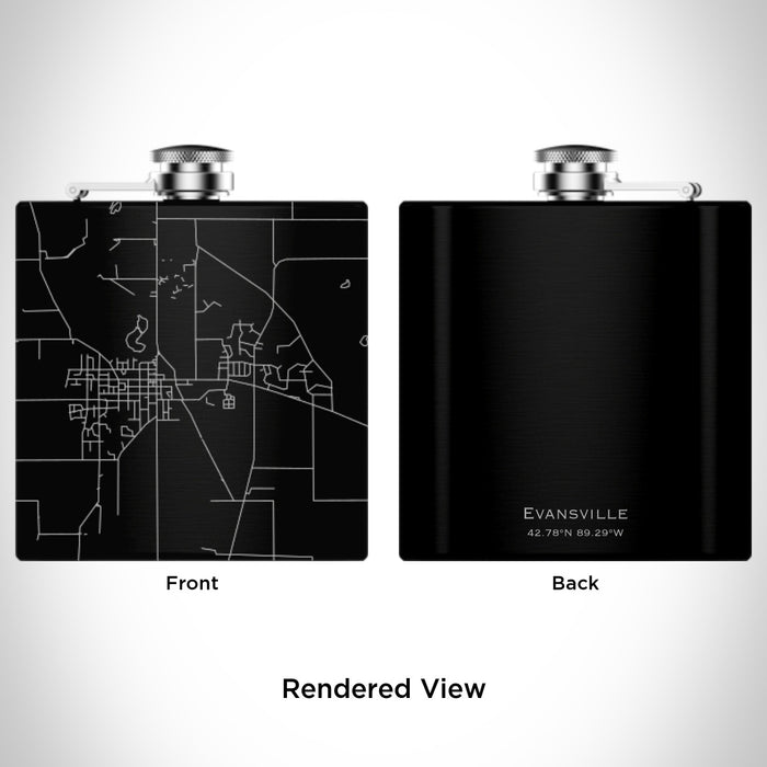 Rendered View of Evansville Wisconsin Map Engraving on 6oz Stainless Steel Flask in Black
