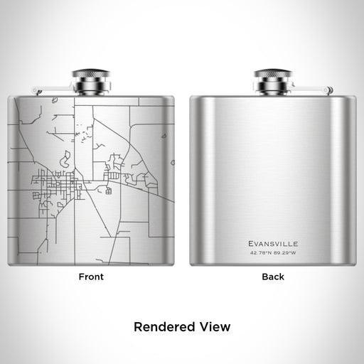 Rendered View of Evansville Wisconsin Map Engraving on 6oz Stainless Steel Flask