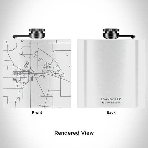 Rendered View of Evansville Wisconsin Map Engraving on 6oz Stainless Steel Flask in White