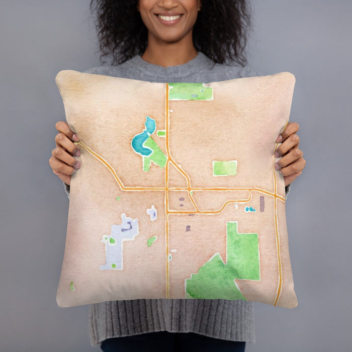 Person holding 18x18 Custom Evansville Wisconsin Map Throw Pillow in Watercolor