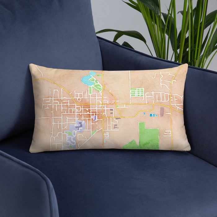 Custom Evansville Wisconsin Map Throw Pillow in Watercolor on Blue Colored Chair