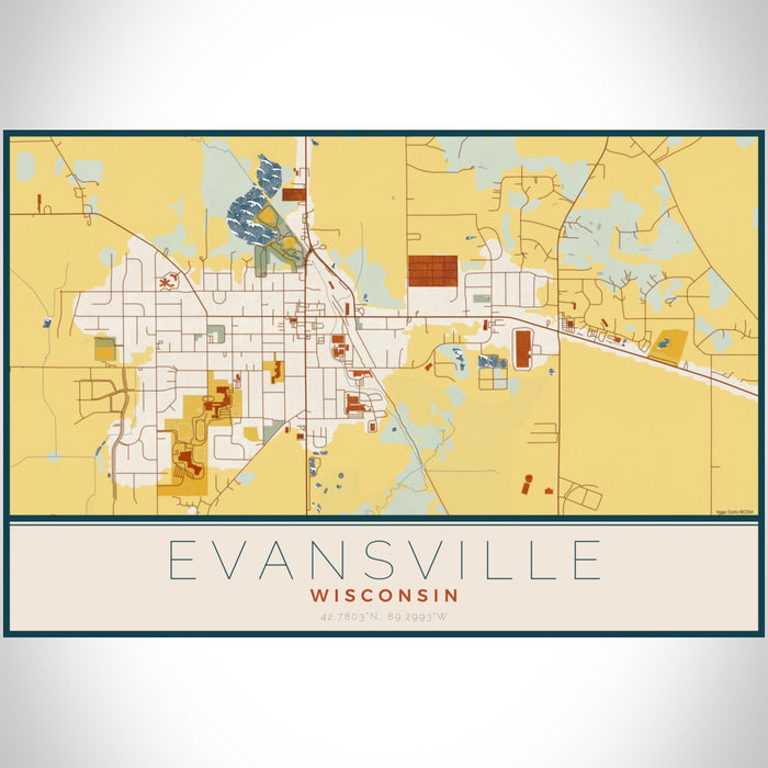 Evansville Wisconsin Map Print Landscape Orientation in Woodblock Style With Shaded Background