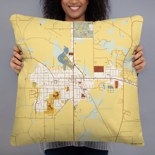 Person holding 22x22 Custom Evansville Wisconsin Map Throw Pillow in Woodblock