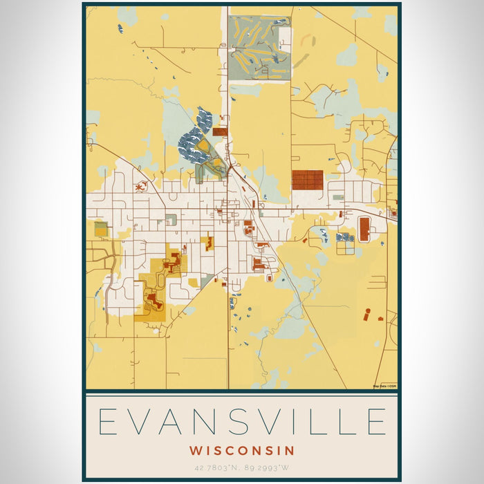 Evansville Wisconsin Map Print Portrait Orientation in Woodblock Style With Shaded Background