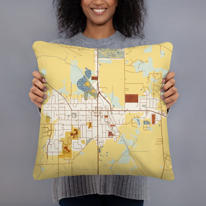 Person holding 18x18 Custom Evansville Wisconsin Map Throw Pillow in Woodblock