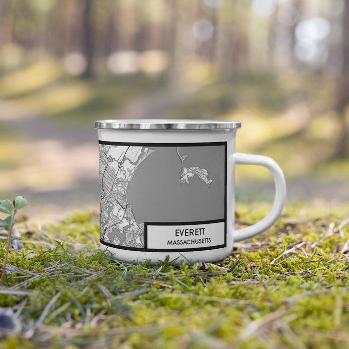 Right View Custom Everett Massachusetts Map Enamel Mug in Classic on Grass With Trees in Background