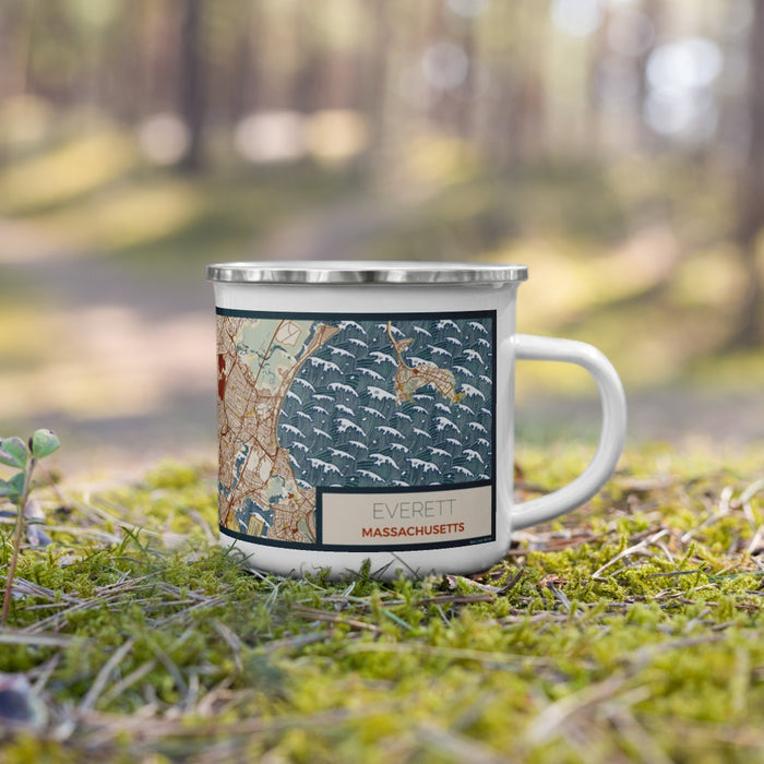 Right View Custom Everett Massachusetts Map Enamel Mug in Woodblock on Grass With Trees in Background