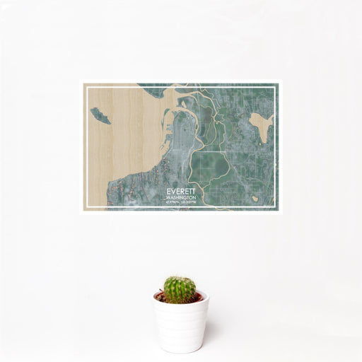 12x18 Everett Washington Map Print Landscape Orientation in Afternoon Style With Small Cactus Plant in White Planter