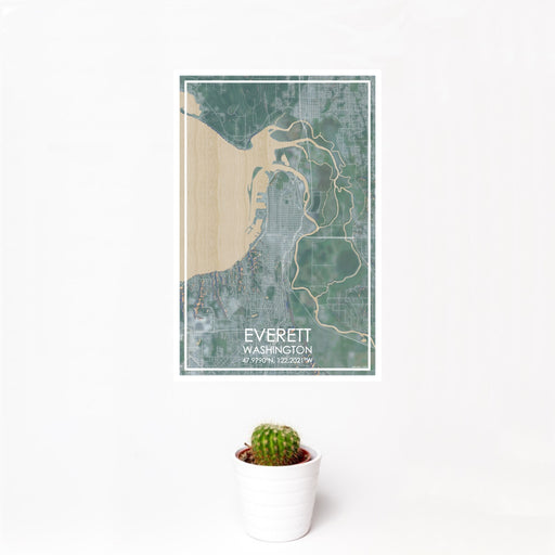 12x18 Everett Washington Map Print Portrait Orientation in Afternoon Style With Small Cactus Plant in White Planter