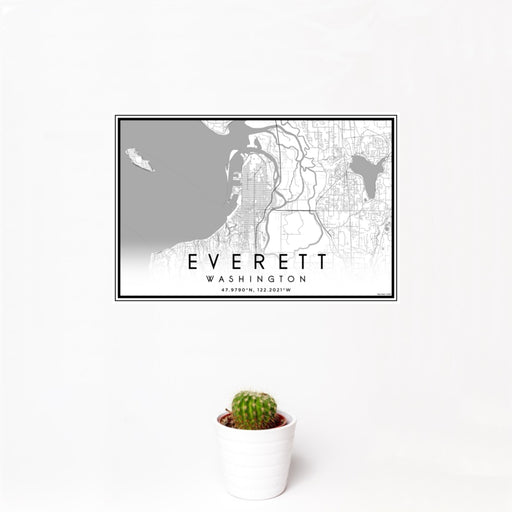 12x18 Everett Washington Map Print Landscape Orientation in Classic Style With Small Cactus Plant in White Planter