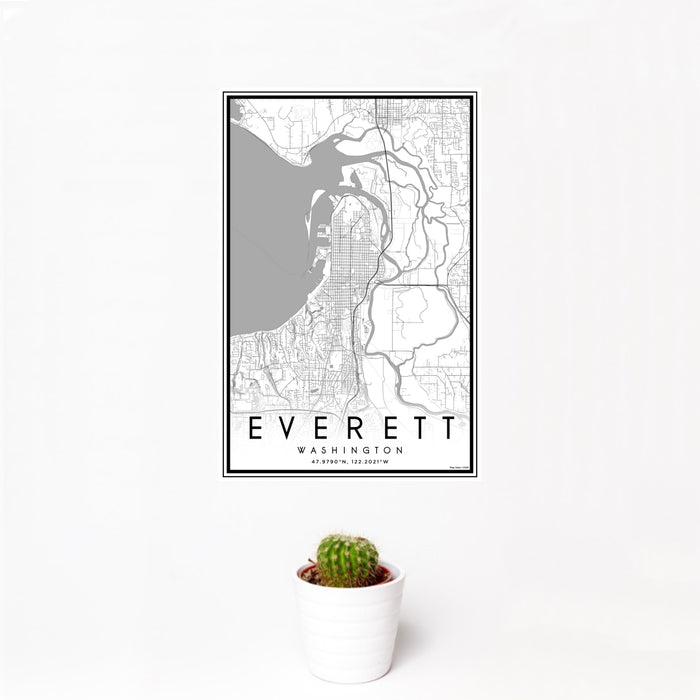 12x18 Everett Washington Map Print Portrait Orientation in Classic Style With Small Cactus Plant in White Planter