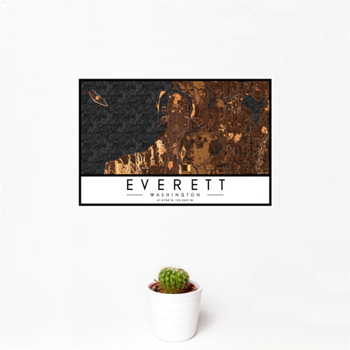 12x18 Everett Washington Map Print Landscape Orientation in Ember Style With Small Cactus Plant in White Planter