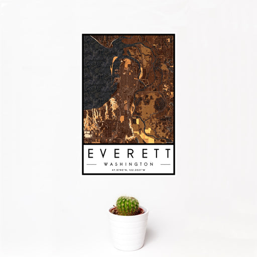 12x18 Everett Washington Map Print Portrait Orientation in Ember Style With Small Cactus Plant in White Planter