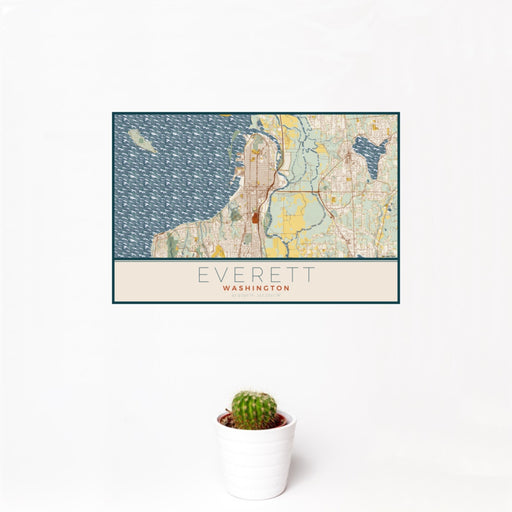 12x18 Everett Washington Map Print Landscape Orientation in Woodblock Style With Small Cactus Plant in White Planter