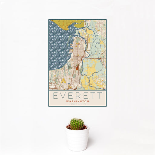 12x18 Everett Washington Map Print Portrait Orientation in Woodblock Style With Small Cactus Plant in White Planter