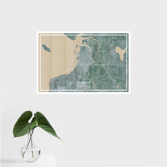 16x24 Everett Washington Map Print Landscape Orientation in Afternoon Style With Tropical Plant Leaves in Water