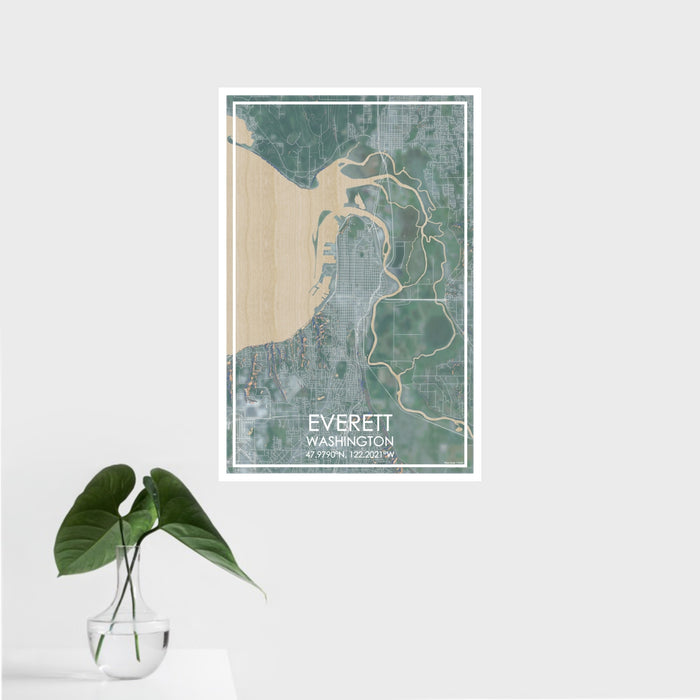 16x24 Everett Washington Map Print Portrait Orientation in Afternoon Style With Tropical Plant Leaves in Water
